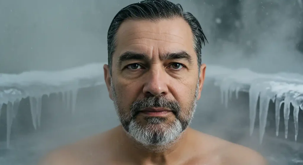 Man practicing the Wim Hof method in a cold exposure experiment, with ice and hanging ice, explaining the benefits of cold exposure as part of the Wim Hof method.
