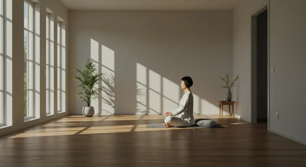 Woman meditating in a calm and well-lit environment, practicing dopamine fasting to reset the brain and improve mental health.