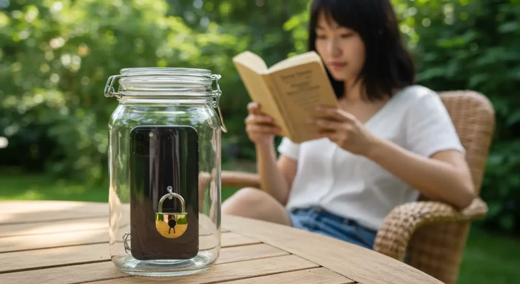 Person relaxing outdoors practicing dopamine fasting and digital detox, with a smartphone in a glass jar, symbolizing modern brain reset and well-being.