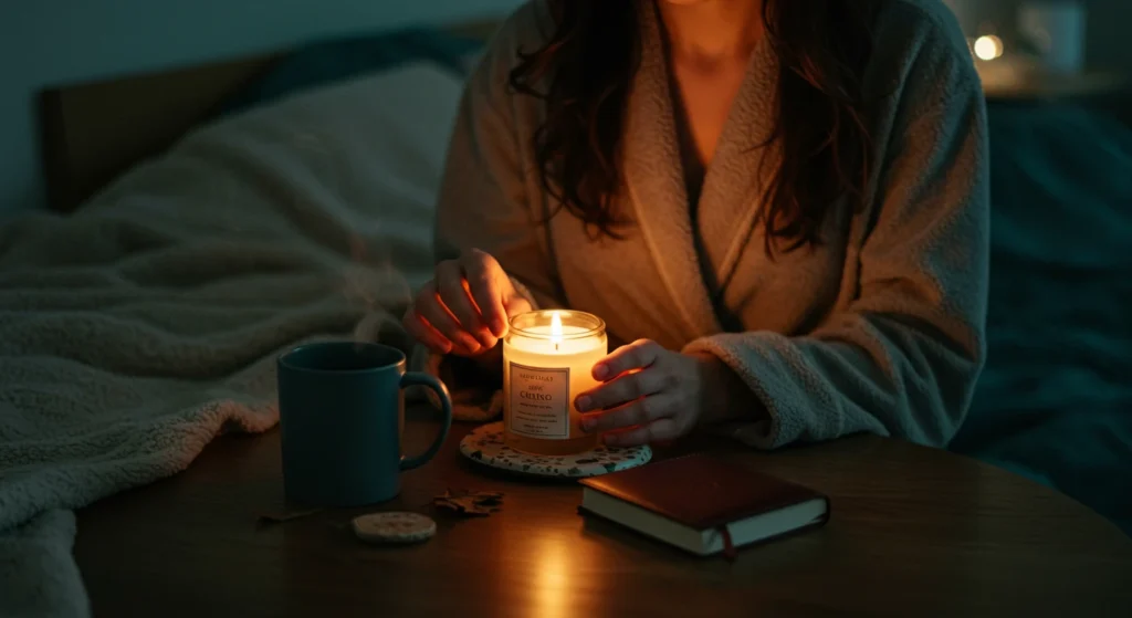 Person practicing wellness habits with candle and tea before bed, promoting mental health and exploring dopamine fasting and mindfulness practices.