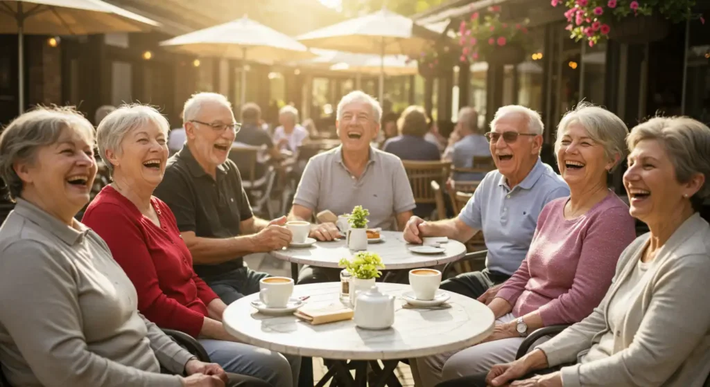 Group of seniors smiling and talking outdoors, promoting brain health habits to prevent cognitive decline naturally.