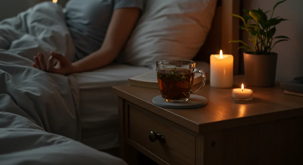 Person relaxing in bed with natural herbal tea next to it, including scented trees and candles, highlighting the best adaptogenic supplements for anxiety, such as ashwagandha and rhodiola.