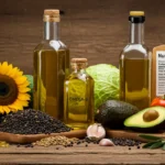 Healthy seed oils including sunflowerseed and black caraway oil on a rustic table