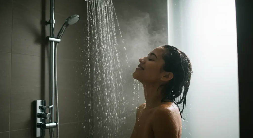 Woman taking a cold shower, highlighting the benefits of Cold Showers for Immunity, ice bath recovery, and Cold Exposure Benefits.