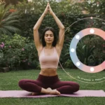 Woman doing yoga outdoors, with a hormonal cycle chart around her, symbolizing the synchronization of workouts with the menstrual cycle and tips for natural hormonal health.