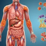 Illustration showing the human body impacted by chronic inflammation—highlighting inflamed joints, organs, and cellular damage as aging accelerates.