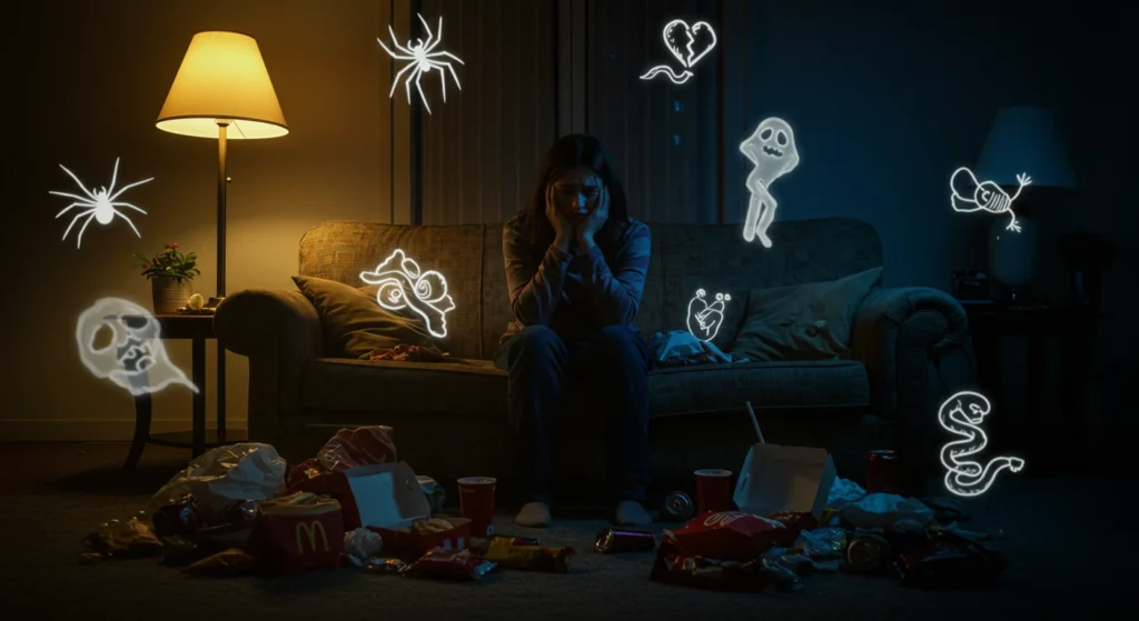 Person with PTSD engaging in emotional eating due to chronic stress, surrounded by unhealthy snacks