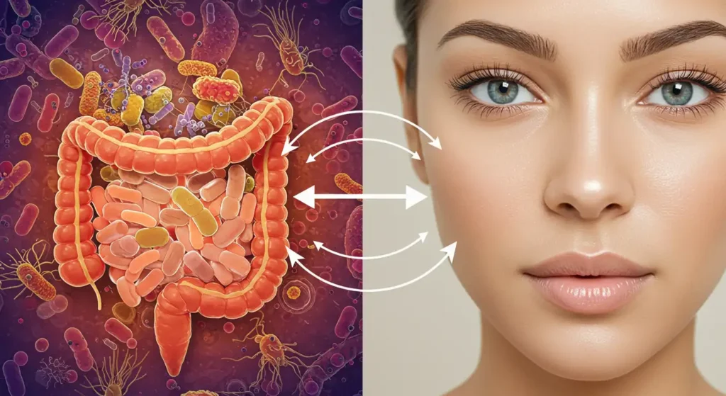 Illustrative image showing the connection between gut health and skin, highlighting the role of probiotics in reducing inflammation and improving skin health.