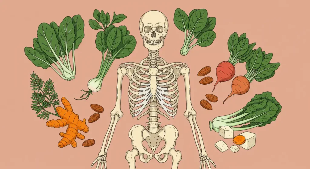 Illustration of a diet with foods rich in plant-based collagen for bone support and combating inflammatory arthritis, including vegetables, seeds, and roots.