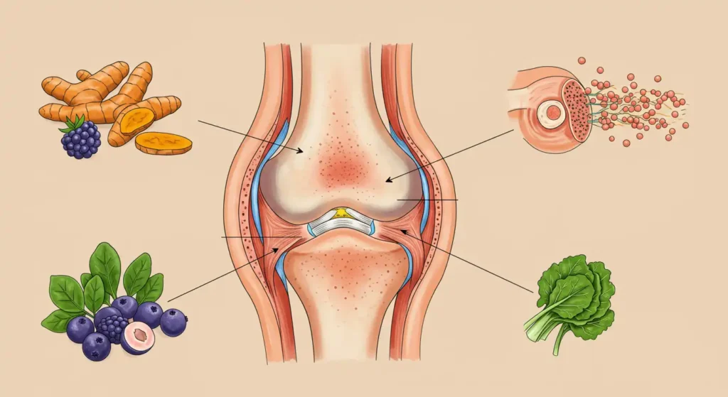 Illustration of a knee joint highlighting natural ingredients such as carrots, blueberries, and kale, and an explanation of plant-based collagen and joint health, especially for rheumatoid arthritis.