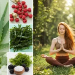 Woman with radiant skin in nature surrounded by plant based collagen sources
