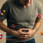 Illustration of a person suffering from posttraumatic stress disorder and cortisol-induced belly fat accumulation