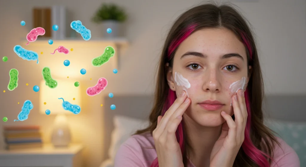 Young woman applying facial cream and illustration of beneficial bacteria representing Probiotic Skincare, natural acne treatment.