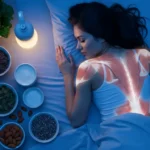 Woman sleeping in bed, highlighting her spine and muscles, next to medicines and foods that help with anxiety, sleep and muscle recovery