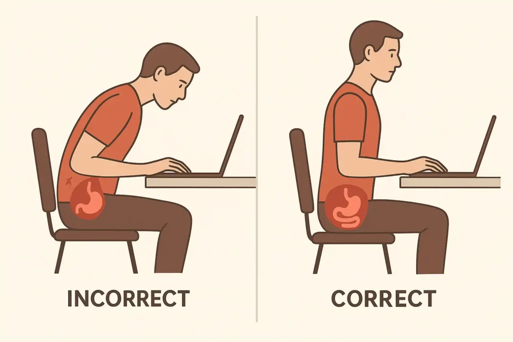 Back posture and digestion diagram showing poor vs correct workstation posture.