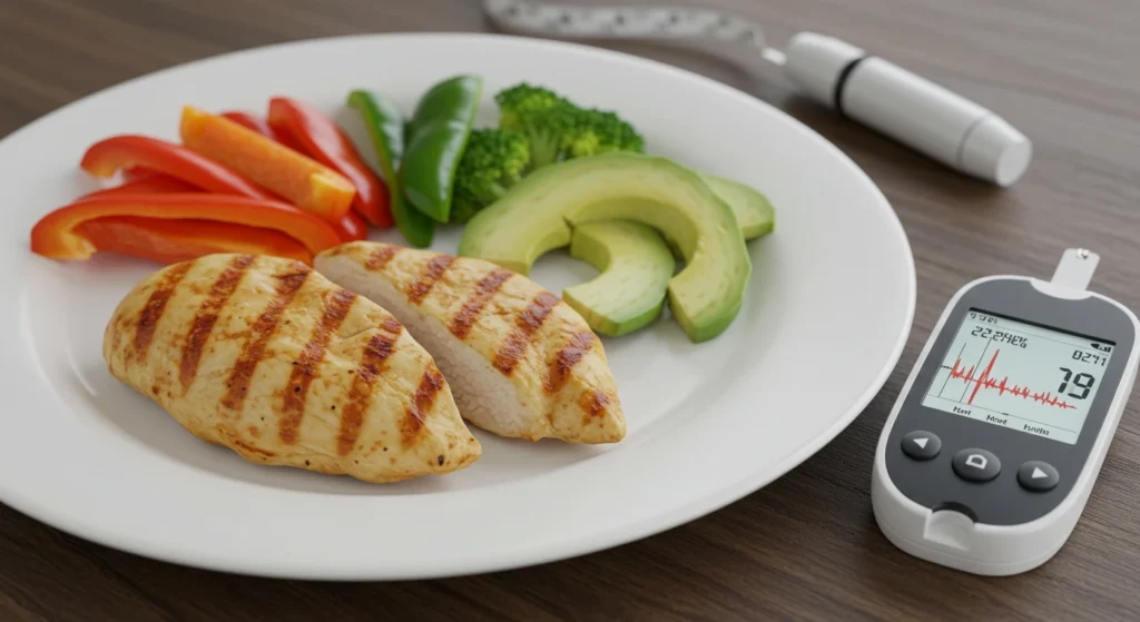 Balanced meal with CGM showing stable blood sugar levels for managing signs of sugar diabetes.