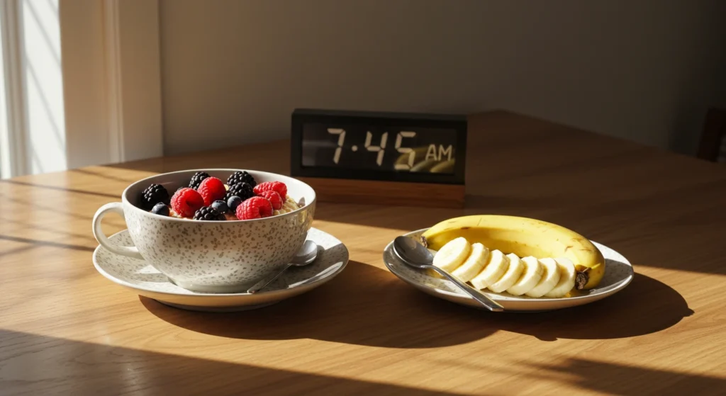 Best time to eat carbs in morning with oats, berries, and banana at 7:45 AM