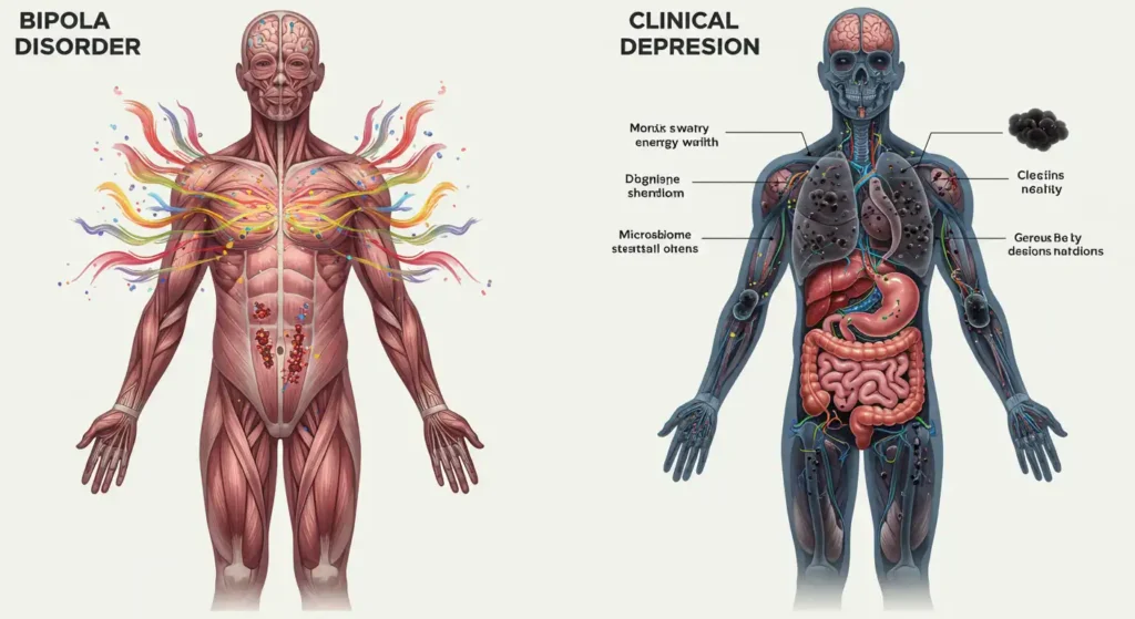bipolar disease clinical and gut microbiome illustration