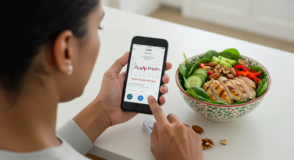 Person analyzing CGM trends showing blood sugar spikes after healthy meals indicating signs of sugar diabetes.