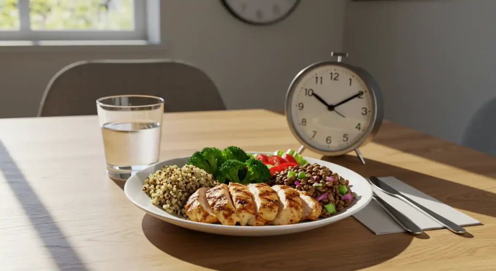 Circadian eating fiber-rich lunch with quinoa and greens at 10 AM