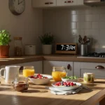 Circadian eating healthy breakfast with clock at 7:30 AM and natural morning light