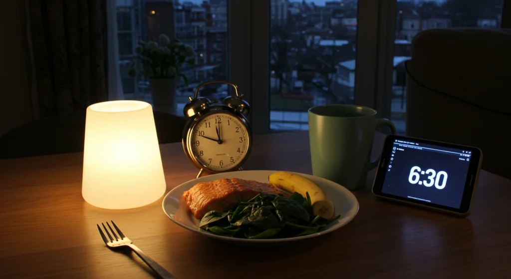 Circadian eating light dinner with salmon and greens at 6:30 PM