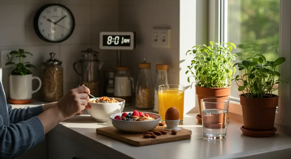Circadian eating breakfast with cereals, berries, eggs, orange juice, and plants in a well-lit kitchen in the morning, ideal for starting the day.