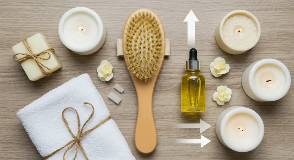 Image showing a massage session with dry brushing tools such as a massage brush, scented candles, lymphatic support oil, and towels, promoting the benefits of dry brushing and lymphatic support.