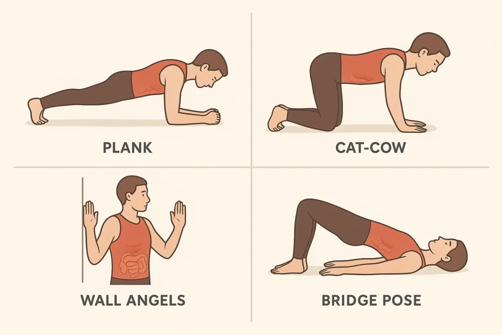 Exercises including plank, cat-cow, wall angels, and bridge pose.