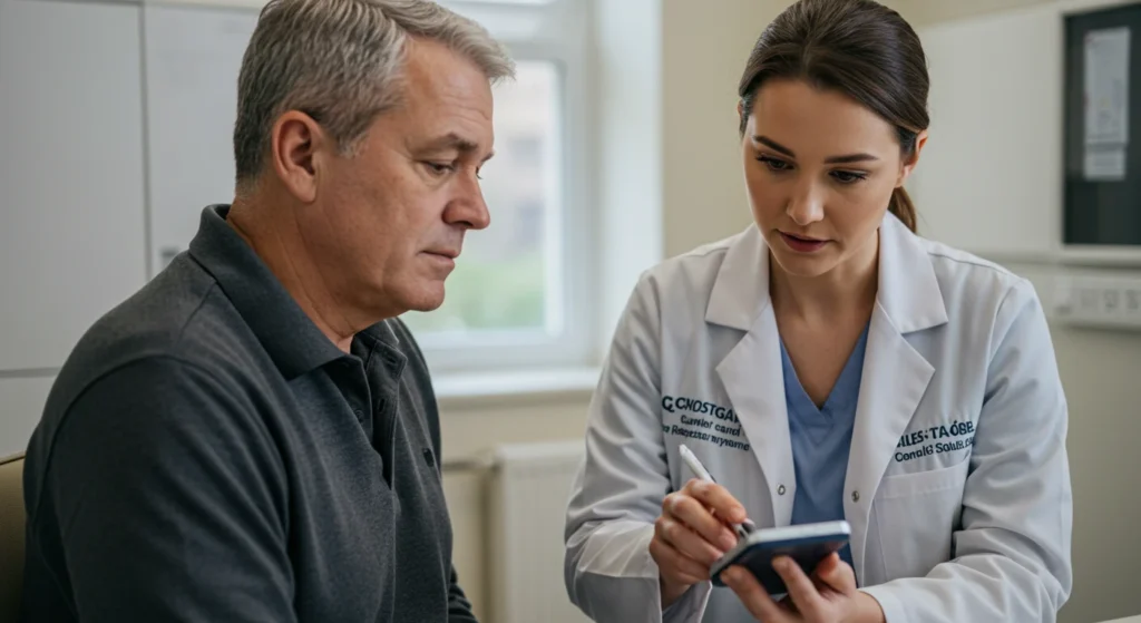 Healthcare professional reviewing CGM trends with patient to manage signs of sugar diabetes.