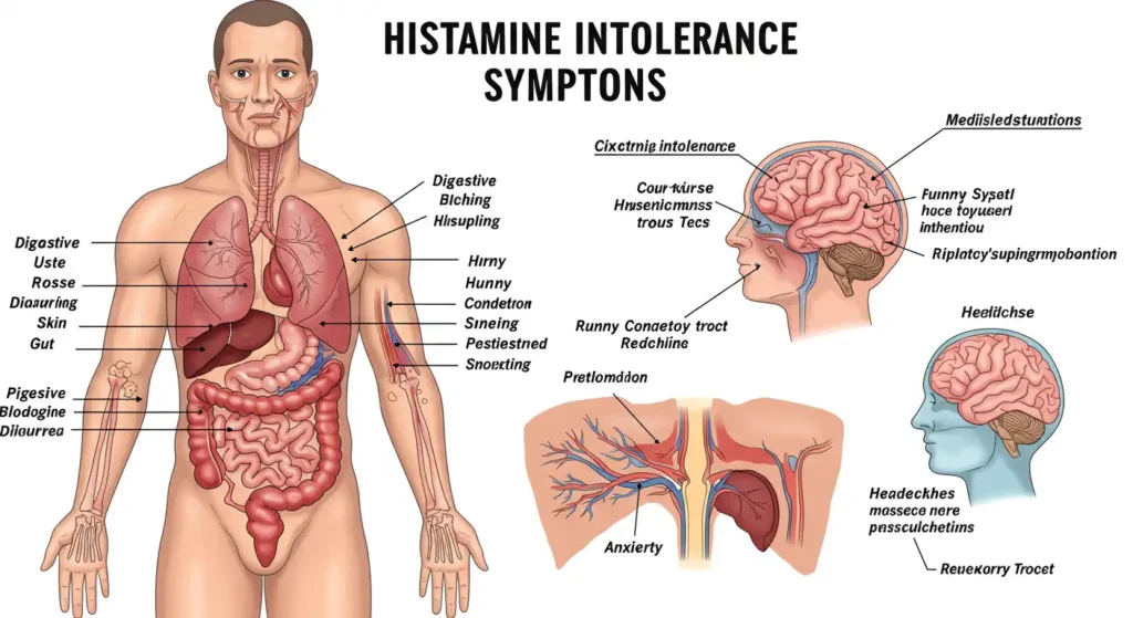 Body diagram showing histamine intolerance symptoms including bloating, hives, nasal congestion, and headaches