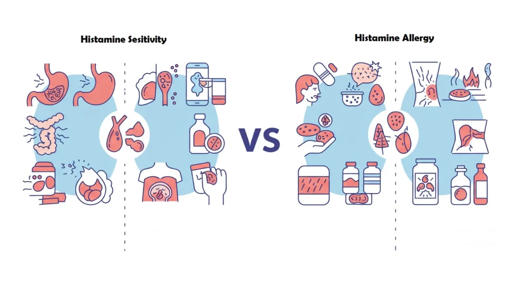 Comparison chart showing differences between histamine sensitivity and histamine allergy symptoms