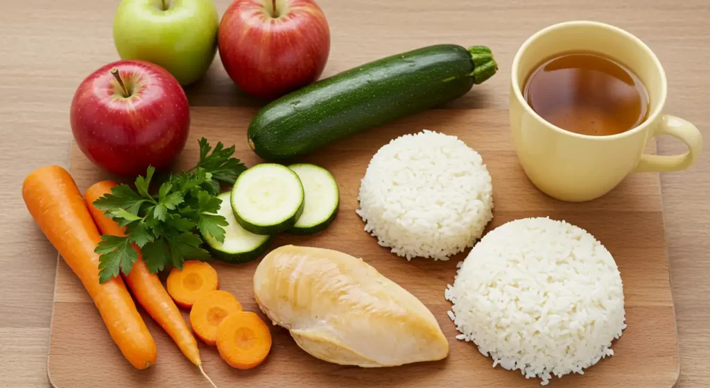 Flat-lay of low histamine diet foods including lean meats, vegetables, grains, and herbal tea