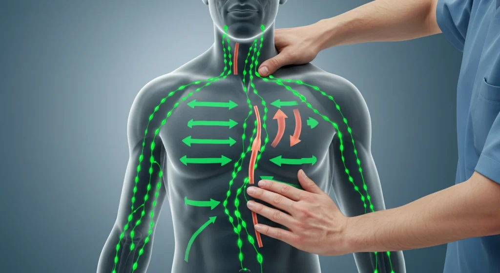 Illustration of massage therapy and the detoxification pathway in the human body, highlighting learning points to improve health and well-being, with a focus on detoxification through massage techniques.