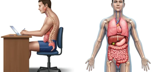 Posture and digestion illustration showing poor posture compressing stomach and intestines versus good posture promoting gut health.