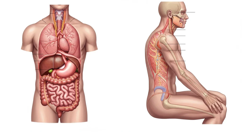Diagram of posture and digestion showing poor posture restricting diaphragm vs upright posture supporting vagus nerve and digestion.