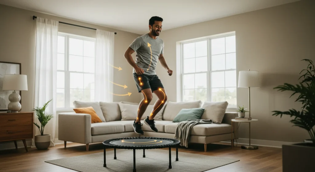 Man practicing Rebounding Detox with massage therapy, jumping on a mini trampoline in a well-lit room with a sofa and plants around.
