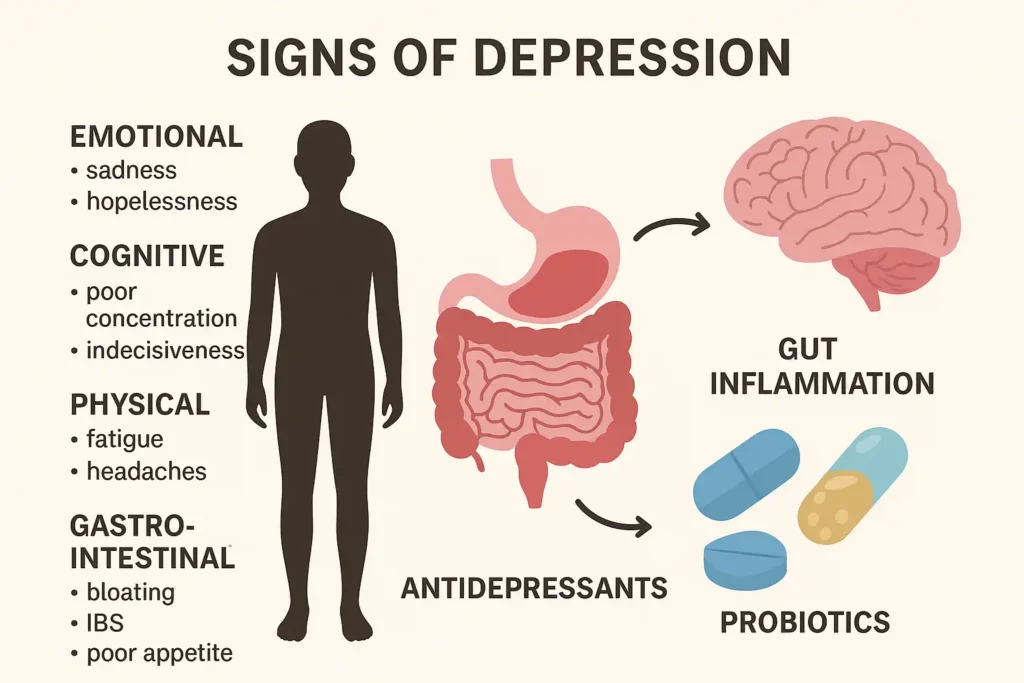 signs of depression gut health antidepressants probiotics infographic