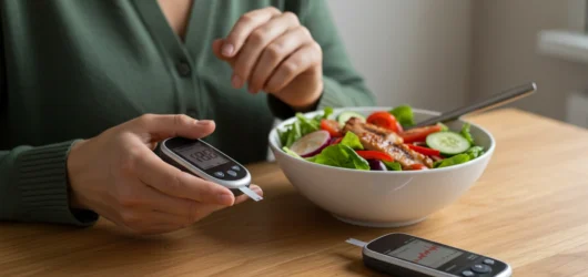 Adult checking blood sugar after healthy meal showing signs of sugar diabetes.