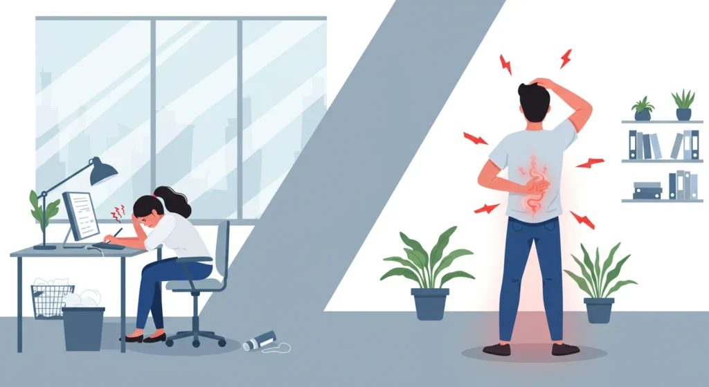 Sitting too much illustration showing poor digestion and fatigue vs active breaks improving posture and gut health.