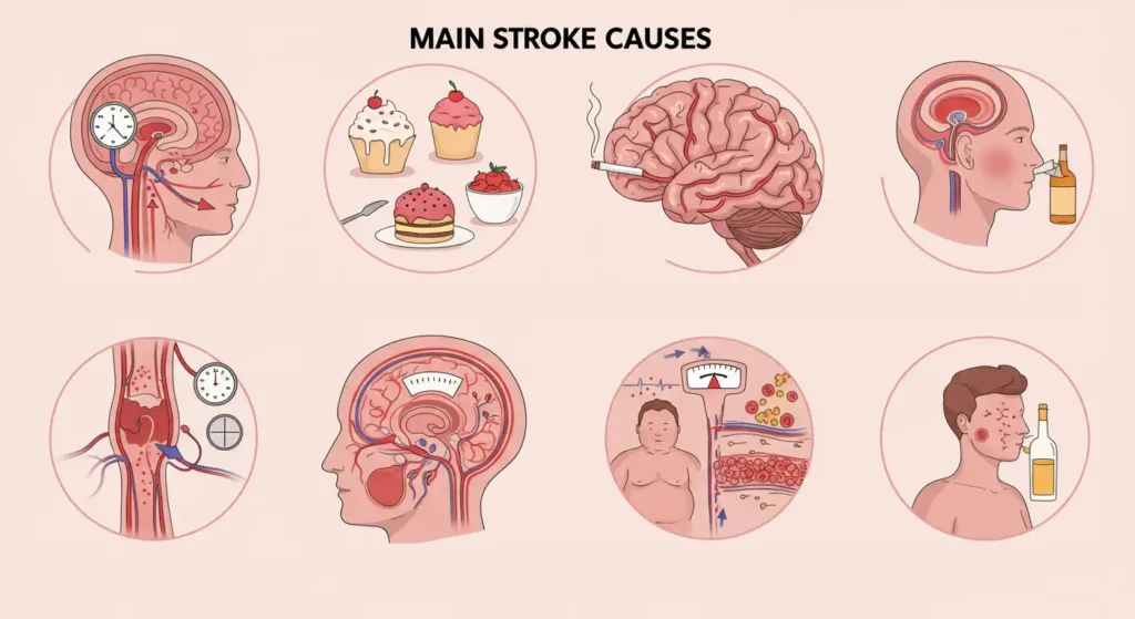 infographic showing major stroke causes including hypertension, diabetes, smoking, obesity, atherosclerosis, and alcohol use