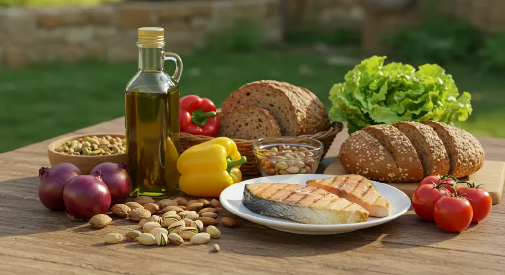 Mediterranean diet foods including olive oil fish vegetables nuts for stroke prevention