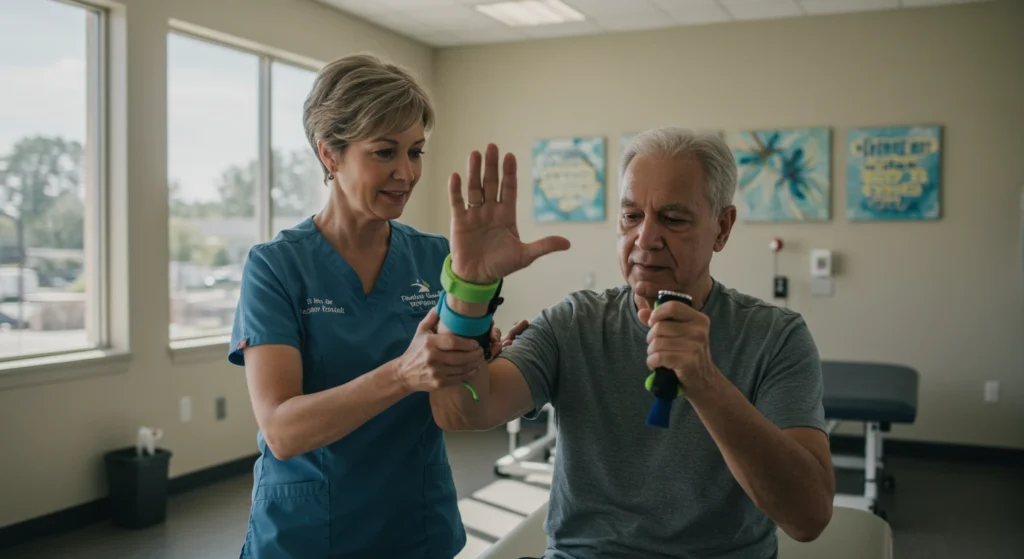 recovery hand exercises with therapist in rehabilitation center