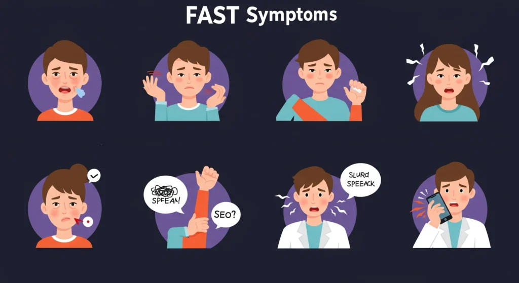 medical poster explaining FAST stroke symptoms with face drooping, arm weakness, and speech difficulty