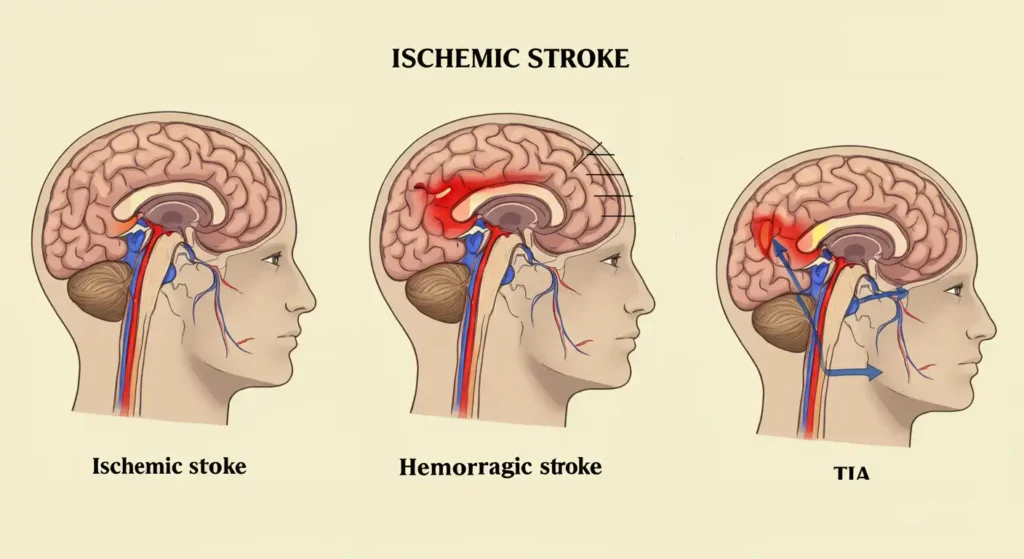 diagram comparing types of strokes ischemic hemorrhagic and TIA with detailed brain illustrations