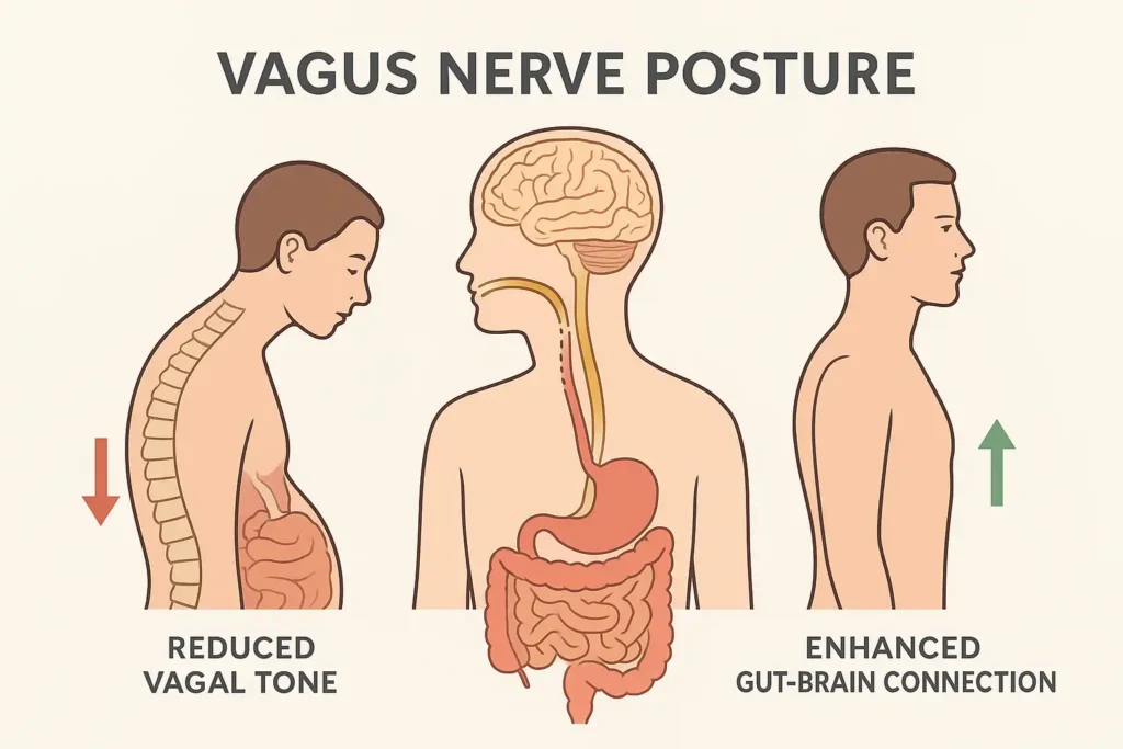 Vagus nerve posture illustration showing how upright posture improves gut-brain communication for digestion and mood.